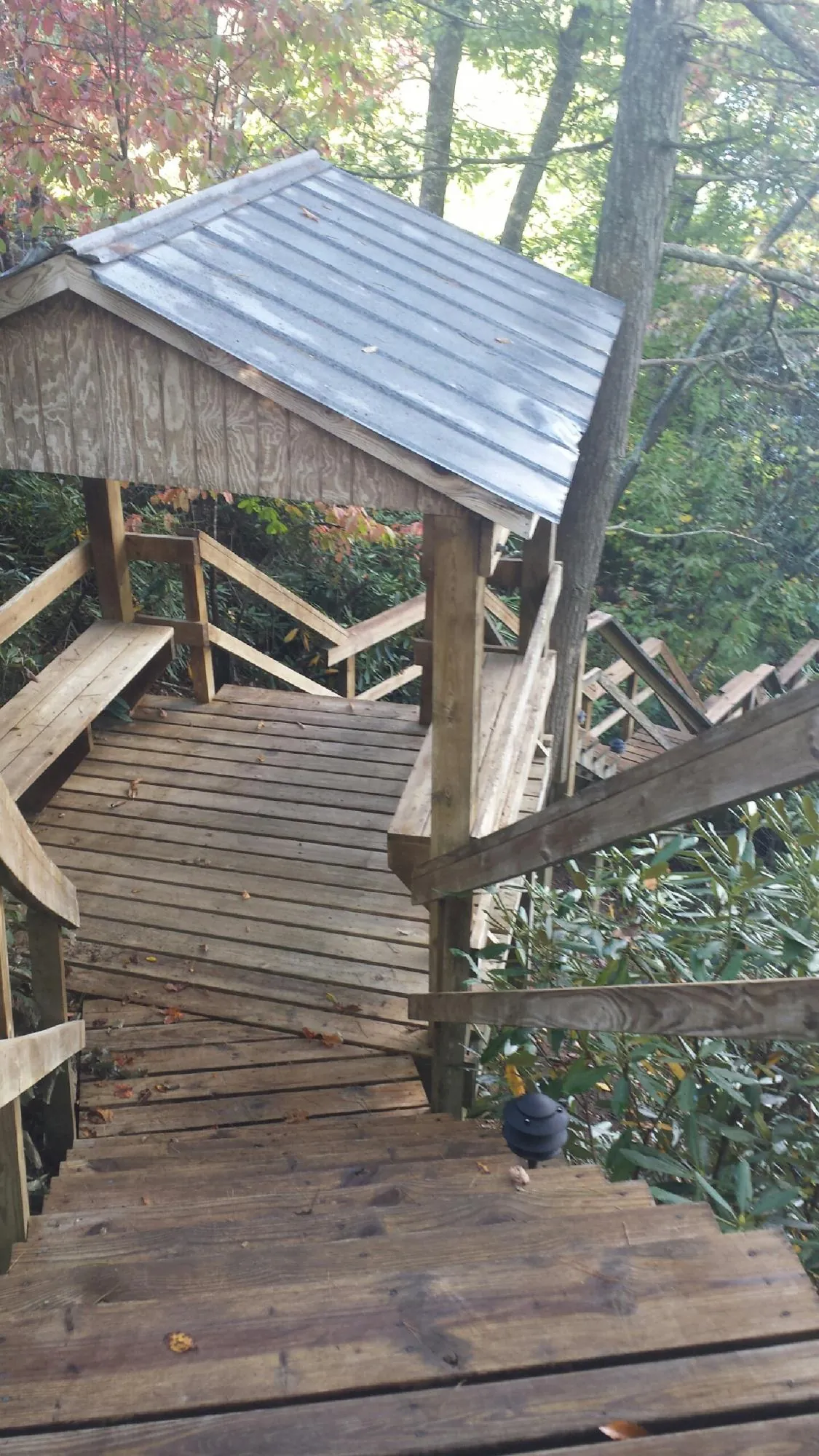 Metal roofed shelter over wooden steps on a wooded walkway — Skylight Repair & Installation work by our crew in Constableville